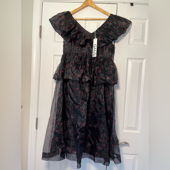 NWT ⭐️ GANNI Ruffled Organza Peplum Midi Dress Black US 4 - Picture 4 of 12